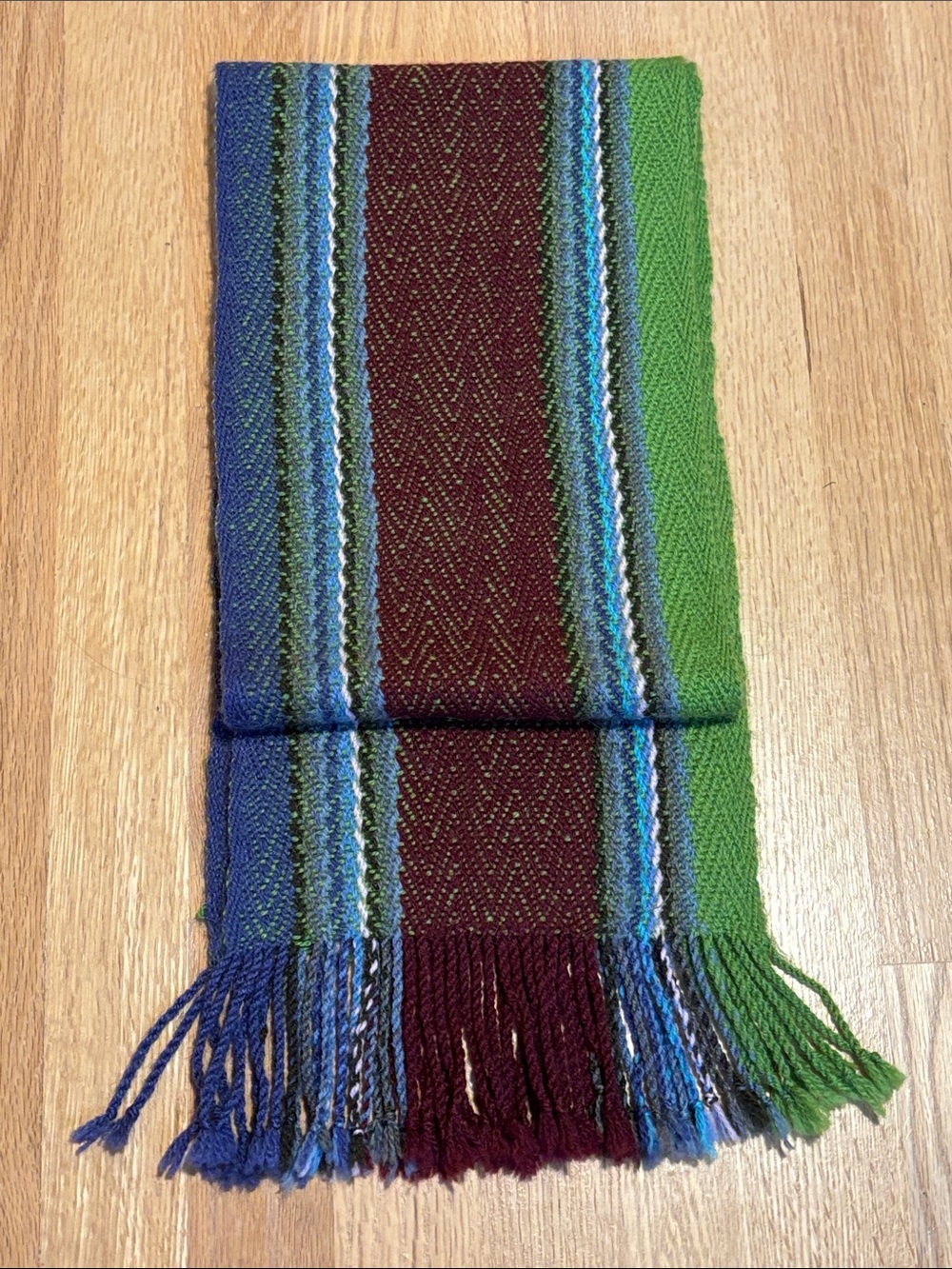 Woven Alpaca Stripe Scarf Fringe - Green, Blue & Burgundy